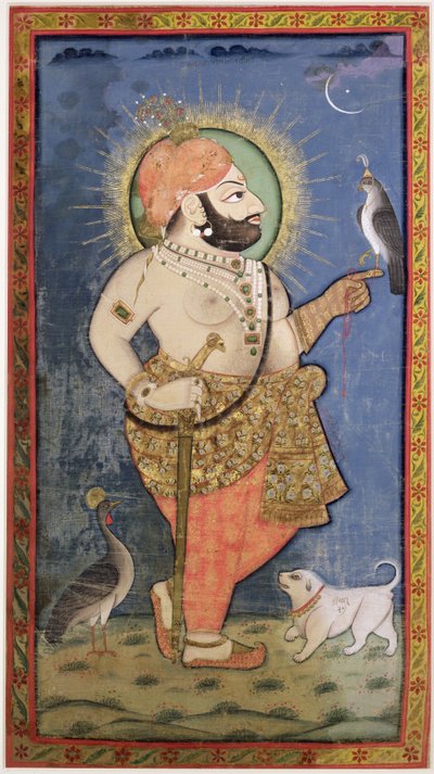 Maharana Bhim Singh z Mewar s jestřábem, Udaipur (Mewar) Rádžasthán, kolem roku 1805 (kvaš se zlatem na látce) od Chokha