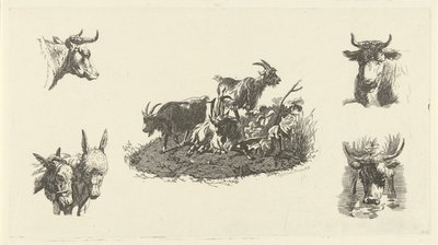 Tři kozy s kravskými hlavami a oslími hlavami na obou stranách od Christiaan Godfried Schutze van Houten