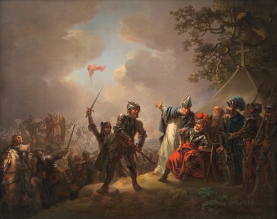 Legenda o dánské vlajce. Dannebrog padající z nebe během bitvy u Lyndanise, 18 od Christian August Lorentzen