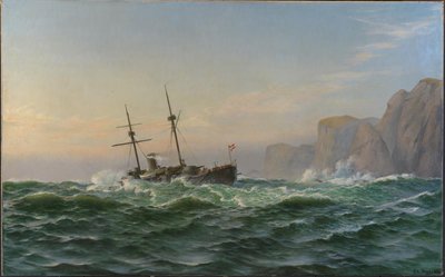 Obrněná loď „Iver Hvitfeldt“ míjí Forbjerget Stat na cestě do Trondhjemu v létě 1893 od Christian Blache