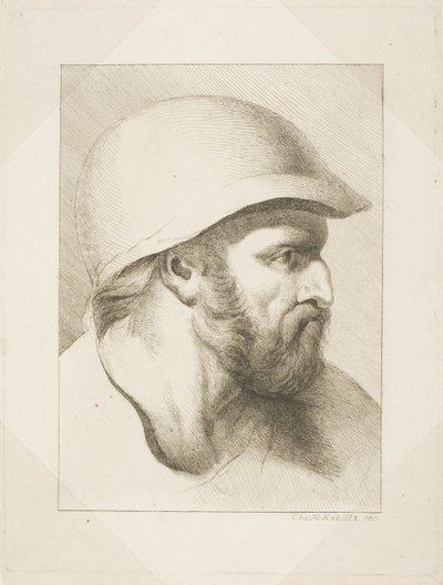 Vousatá mužská hlava s ocelovou přilbou od Christian Frederick Köhlitz