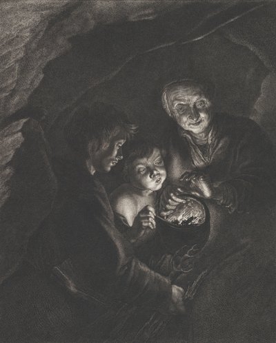 Noční scéna v jeskyni se starou ženou držící hořící uhlíky v hrnci, chlapcem blowi..., ca. 1750-57 od Christian Friedrich Boëtius
