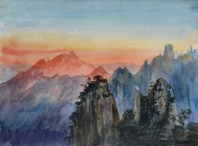 Buddhovo světlo - východ slunce Růžová hora, 2015 (akvarel na papíře) od Christian Furr