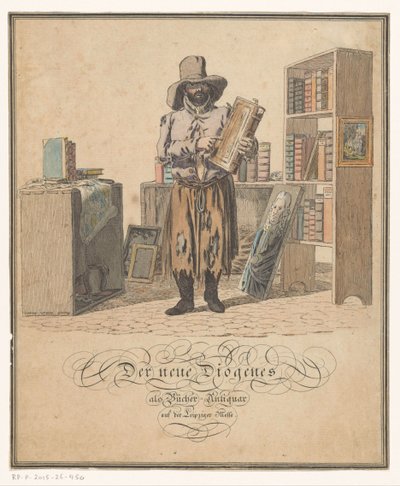 Portrét knih Johanna Gottloba Helmerta Nový Diogenes jako knihkupec na Lipském veletrhu (název na předmětu) od Christian Gottfried Heinrich Geissler (possibly)