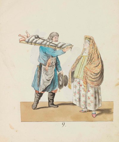 Řezník s prasetem na prkně a kupecká žena Ze seriálu Petrohrad..., 1799. od Christian Gottfried Heinrich Geissler