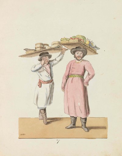 Prodavač ovoce a rolník prodávající sýr a sledě Ze série Petrohrad..., 1799. od Christian Gottfried Heinrich Geissler