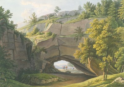 Pohled na slavnou jeskyni Kuhstall v Saském Švýcarsku (rytina s wc) od Christian Gottlob Hammer