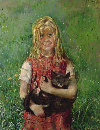 Dívka s kočkou (olej na plátně) od Christian Krohg