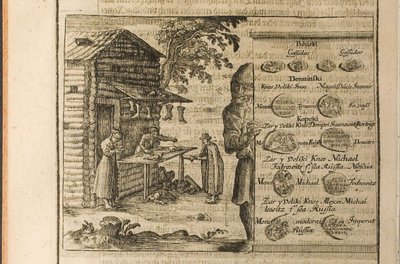 Peníze a obchod s pižmovkou Ilustrace z Cest k Velkému vévodovi z Pižma a králi od Christian Lorenzen Rothgiesser