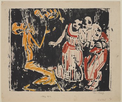 Smrt jako žonglér (Revoluce) (Tod als Jongleur [Revoluce]), 1918-19 (barevný dřevoryt ve žluté, červené a černé na silném tkaném papíře) od Christian Rohlfs