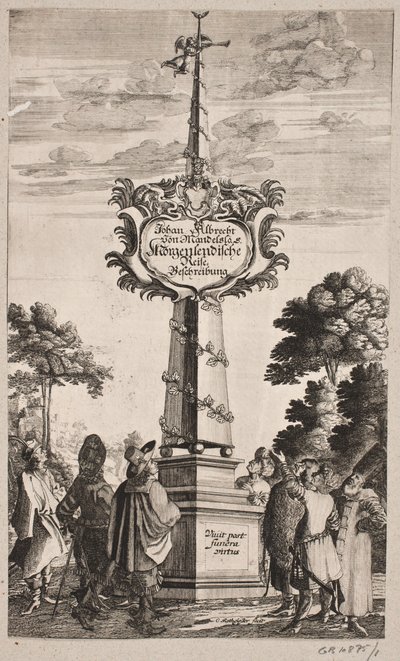 Titulní strana Johanna Albrechta Mandelsla, "Oriental Travel Description [...], Schleswig 1668 od Christian Rothgiesser