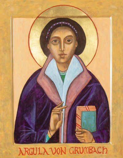 Argula von Grumbach, 2018 (vaječná tempera, plátkové zlato, dřevo) od Christine Hales