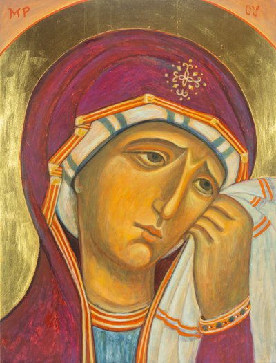 Bolestná Panna Maria, 2001 (vaječná tempera, dřevo, plátkové zlato) od Christine Hales