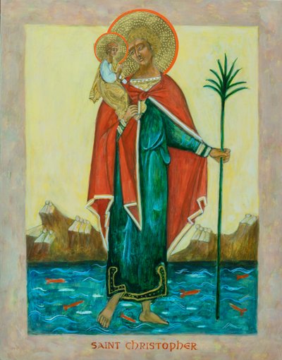 Ikona svatého Kryštofa, 2023 (vaječná tempera, plátkové zlato, dřevo) od Christine Hales