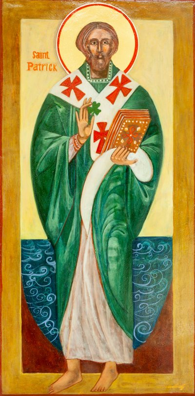 Ikona svatého Patrika, 2000 (vaječná tempera, plátkové zlato, dřevo) od Christine Hales