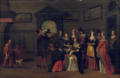 Elegantní společnost hrající hru La Main Chaude v interiéru od Christoffel Jacobsz van der Lamen