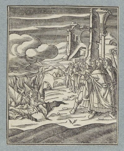 Kórach, Dátan a Abiram a jejich rodiny jsou pohlceni zemí od Christoffel van Sichem (II)