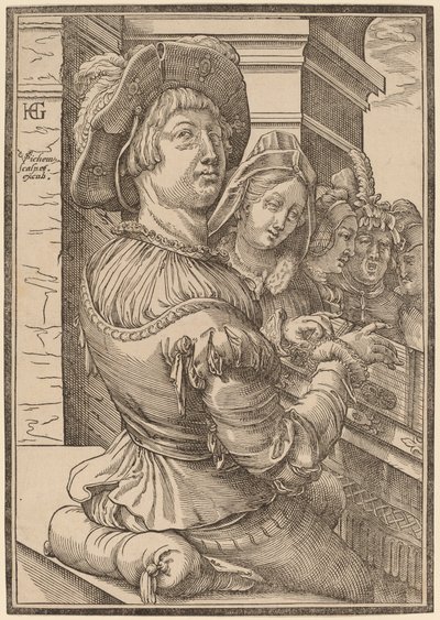 Mladý muž hrající na Psalterium od Christoffel van Sichem I after Hendrik Goltzius