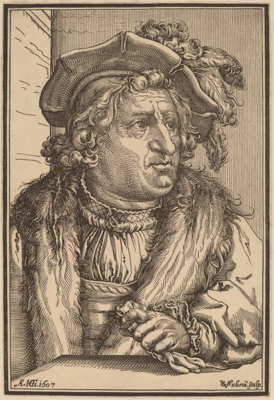 Muž s opeřenou čepicí od Christoffel van Sichem I after Hendrik Goltzius