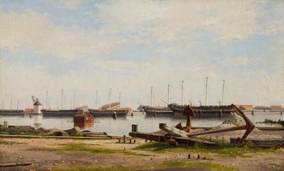 Partie Nyholmu s jeřábem a několika válečnými loděmi od Christoffer Wilhelm Eckersberg