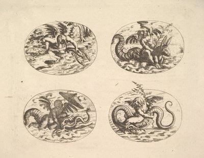 Putti s mořskými příšerami, talíře z Neue Grotessken Buch, 1610. od Christoph Jamnitzer