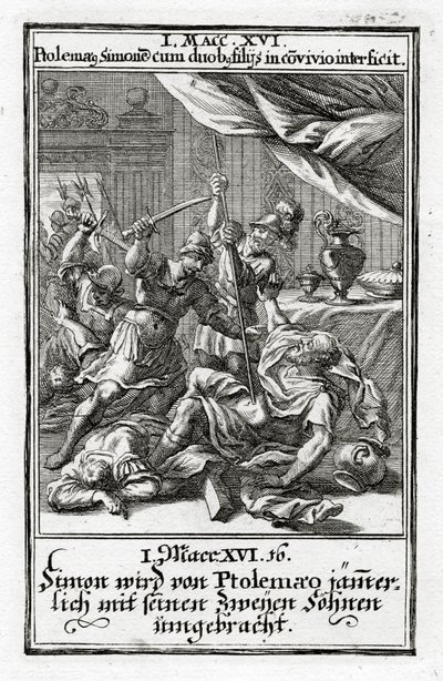Simon a jeho dva synové byli zabiti Ptolemaiem. 1. Makabejská 14:16, 1695 od Christoph Weigel