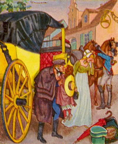 Abreise In Der Kalesche / Odjezd v kočáře (barevná litografie) od Christophe (1856-1945)
