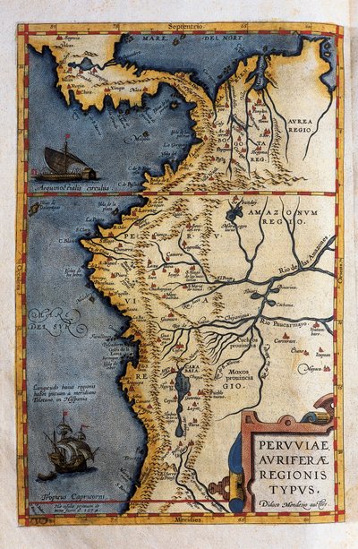 Mapa Peru, ze záznamů expedice Hernanda de Soto v roce 1570 od Christophe Plantin