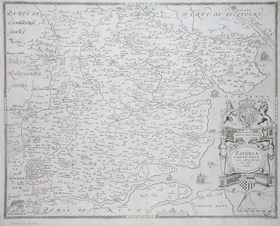 Mapa Essexu, vyrytá Williamem Webem, publikovala 1645 (rytina) od Christopher (after) Saxton