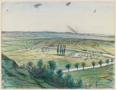 Krajina s pozorovacími balónky, 1914-18 (tužka a pastel na papíře) od Christopher Richard Wynne Nevinson