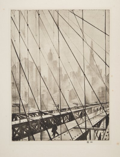 Pohled přes Brooklynský most, pub.1921 (lept) od Christopher Richard Wynne Nevinson