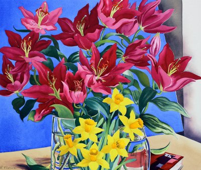 Purpurové lilie a narcisy (akvarel na papíře) od Christopher Ryland