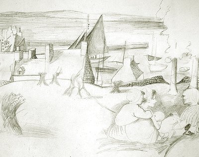 Bretonská rybářská vesnice, asi 1929-30 (tužka na papíře) od Christopher Wood