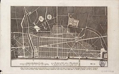 Plán města Londýna po velkém požáru v roce 1666 (tisk) od Christopher Wren