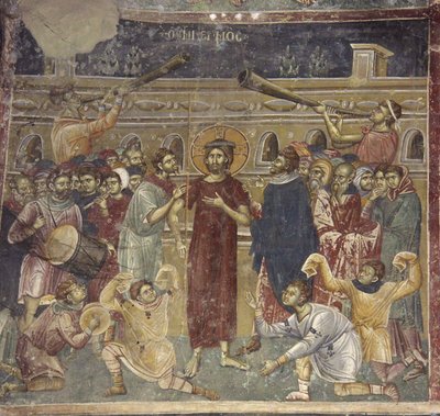 Scéna Posmívat se Ježíšovi hudebníků, cca 1317 od Chrostiras Michael
