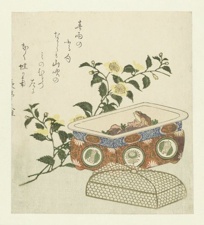 Žába a sprej Kerria Japonica od Chôtei Hisazumi