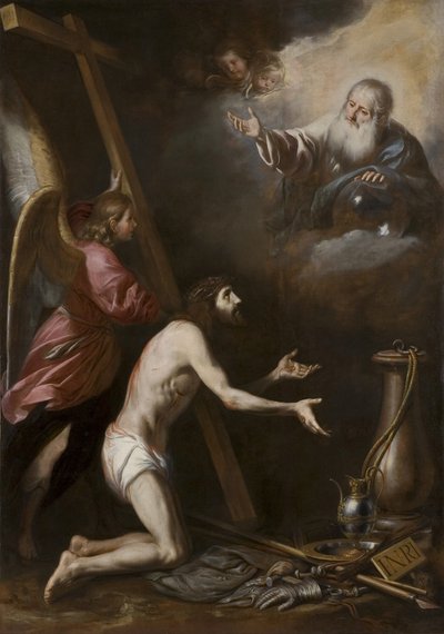 Španělsky: Cristo flagelado arrodillado ante Dios Padre (Bičovaný Kristus klečící před Bohem Otcem) od Circle of Antonio del Castillo y Saavedra