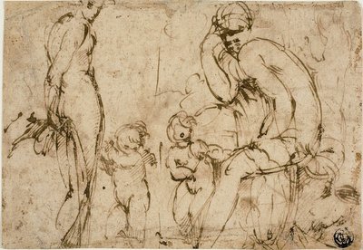 Venuše a Mars s putti (recto); vousatý muž pohybující se doprava (verso) od Circle of Parmigianino