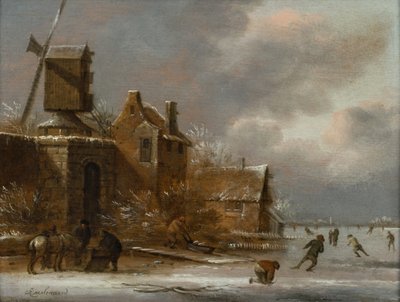 Zimní krajina s bruslaři na zamrzlé řece mimo vesnici od Claes (1630-76) Molenaer