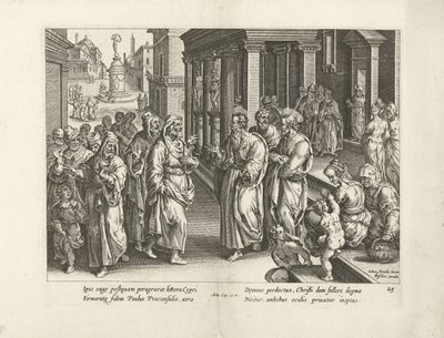 Paul se hádá s čarodějem Elymasem Skutky apoštolů (název série) Acta Apostolorum (název série) od Claes Jansz. Visscher (II) (workshop of)