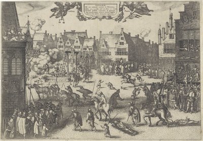 Poprava spiklenců zrady střelného prachu, 1606 Supplicium de octo coniuratis sumtum in Britannia (název na předmětu) od Claes Jansz. Visscher (II)