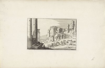 Kopcovitá krajina s fontánou a pastýři Italské krajiny s ruinami (název série) Variae antiquitates Romanae (název série na objektu) od Claes Jansz. Visscher (II)