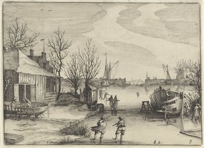 Loděnice na zamrzlém kanálu Nizozemské krajiny (název série) Amaeniores Aliquot Regiunculae (název série na objektu) od Claes Jansz. Visscher (II)