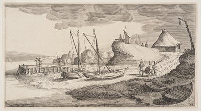 Lodě na břehu u strážní věže, z knihy Krajiny (Playsante Lantschappen) od Claes Jansz. Visscher II