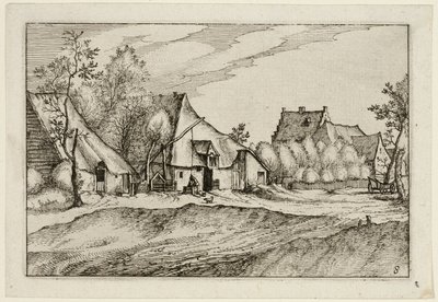 Farmy na vesnici, deska osm podle obrázků farem, venkovských domů a vesnic (Praediorum villarum et rusticarum casularum icones) od Claes Jansz. Visscher II