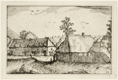 Velké přístřešky, deska 21 podle Obrázky farem, venkovských domů a vesnic (Praediorum villarum et rusticarum casularum icones) od Claes Jansz. Visscher II