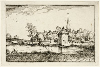 Rybník a vesnice, deska patnáct podle obrázků statků, venkovských domů a vesnic (Praediorum villarum et rusticarum casularum icones) od Claes Jansz. Visscher II