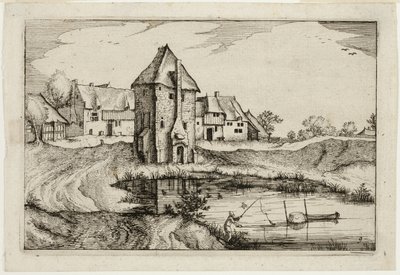 Rybník, deska devět podle Obrázků statků, venkovských domů a vesnic (Praediorum villarum et rusticarum casularum icones) od Claes Jansz. Visscher II