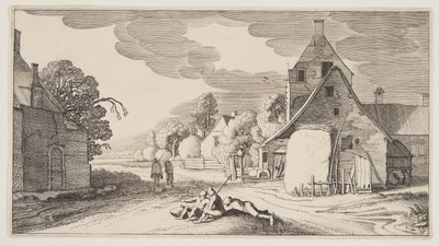 Tři rolníci odpočívající na rozcestí ve vesnici, z knihy Krajiny (Playsante Lantschappen) od Claes Jansz. Visscher II