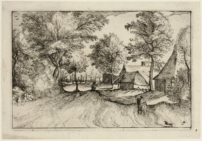 Venkovská cesta, deska čtvrtá podle Obrázky statků, venkovských domů a vesnic (Praediorum villarum et rusticarum casularum icones) od Claes Jansz. Visscher II